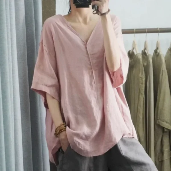 Loose Cotton Linen V-Neck Casual Summer Women's Half Sleeve Shirt - Image 3