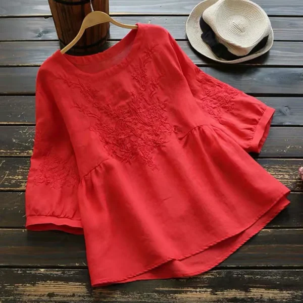 Women Embroidered O-Neck Short Sleeve Ruffle Casual Loose Blouse Shirt - Image 3