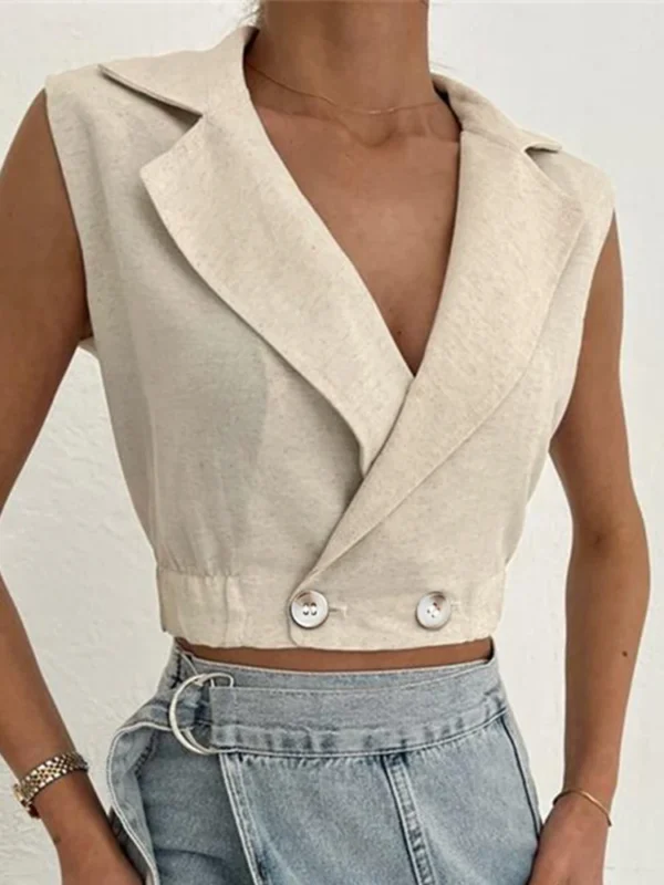 Women Summer Khaki Linen Sleeveless V-Neck Crop Casual Tank Top