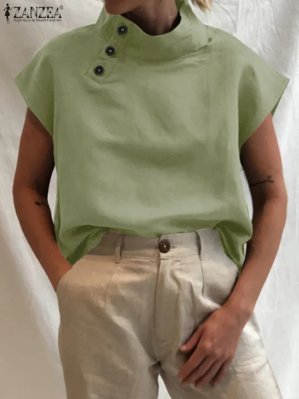 Summer Cotton Linen Turtleneck Oversized Short Sleeve Tunic Blouse - Image 2