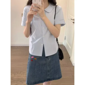 French Blue Doll Collar Slim Fit Short Sleeve Women’s Summer Fashion Shirt