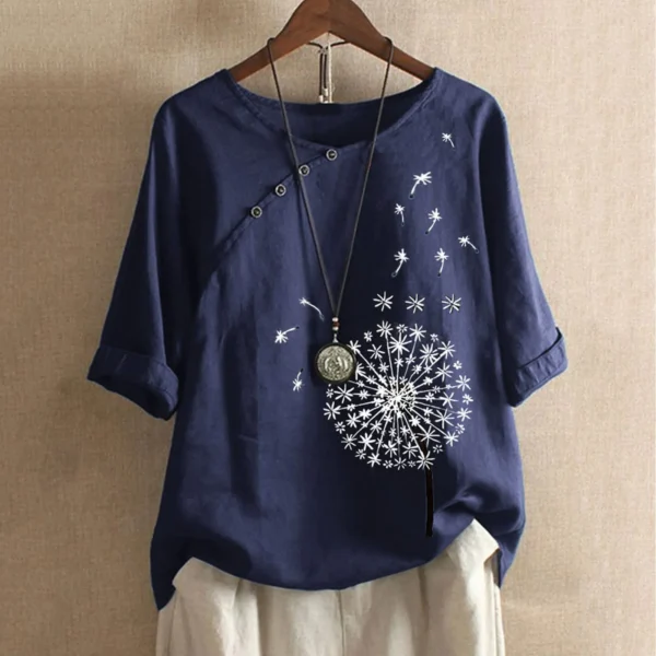 Plus Size Dandelion Print Cotton Linen Summer Casual Retro Blouse - Image 3