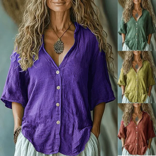 Women’s Vintage Linen Shirt Five-Point Sleeve Casual Summer Top - Image 5