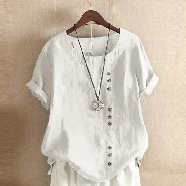 Women Cotton Linen Blouse Summer Solid Short Sleeve Casual Shirt - Image 4