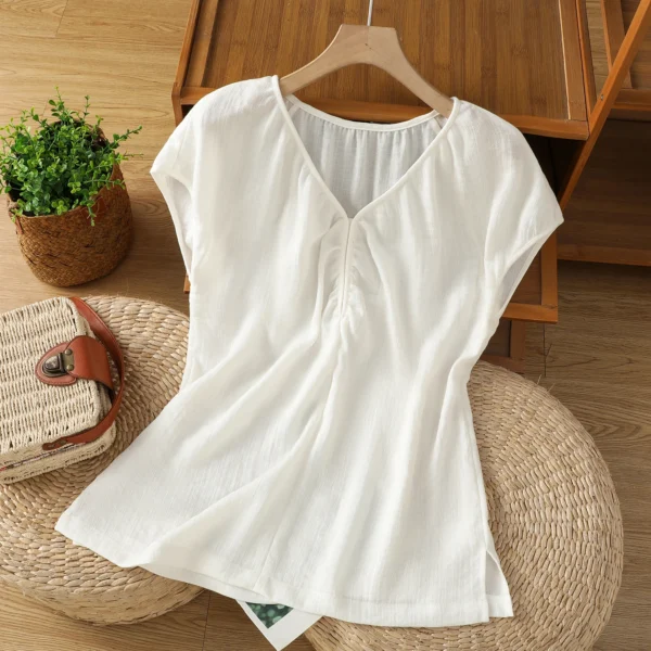 Women Cotton Linen V-Neck Loose Short Sleeve Casual Summer Blouse - Image 3