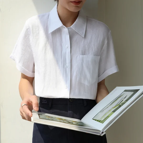 Summer Cotton Linen Blouse Women Casual Loose Short Sleeve Shirt - Image 3