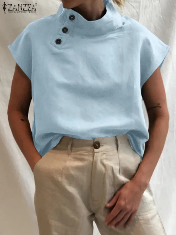 Summer Cotton Linen Turtleneck Oversized Short Sleeve Tunic Blouse - Image 4