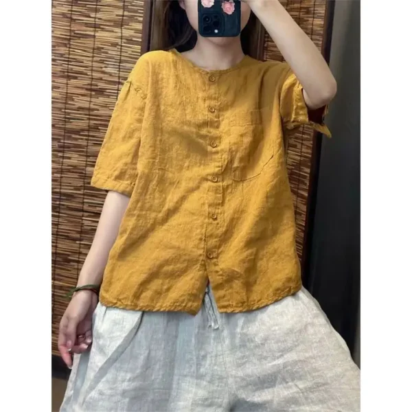 Summer Women's Cotton Linen Shirt Retro Loose Short Sleeve Cardigan Top - Image 4