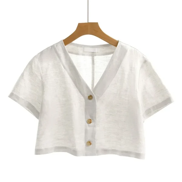 French Linen Women’s Summer V-Neck Vintage Loose Button Shirt - Image 5