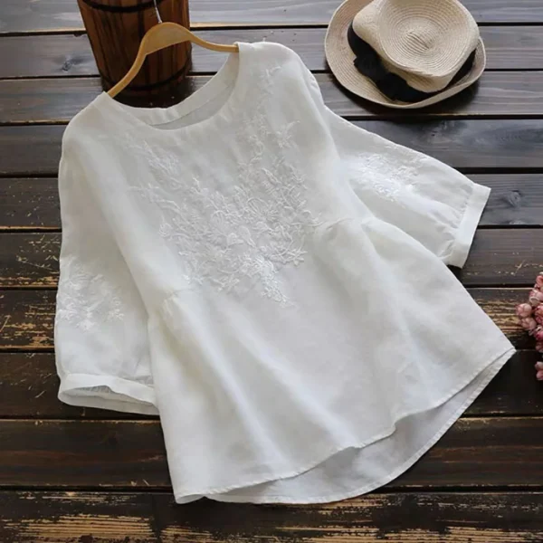 Women Embroidered O-Neck Short Sleeve Ruffle Casual Loose Blouse Shirt
