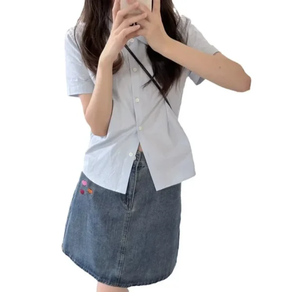 French Blue Doll Collar Slim Fit Short Sleeve Women’s Summer Fashion Shirt - Image 4