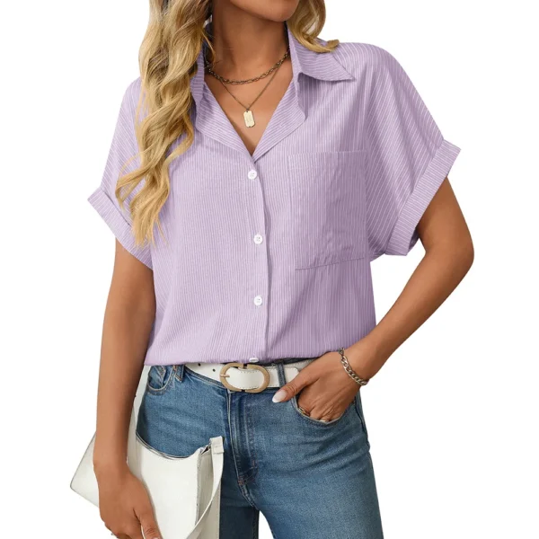 Pink Stripe Ruffle V-Neck Blouse Women Elegant Streetwear Shirt - Image 3