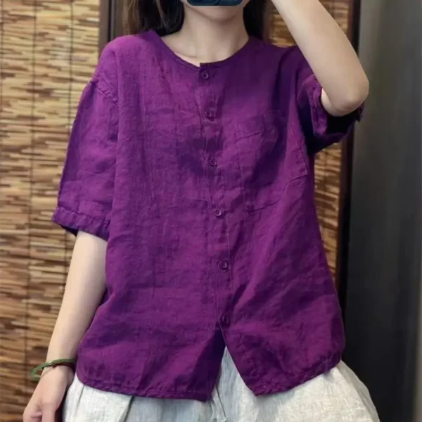 Summer Women's Cotton Linen Shirt Retro Loose Short Sleeve Cardigan Top - Image 6