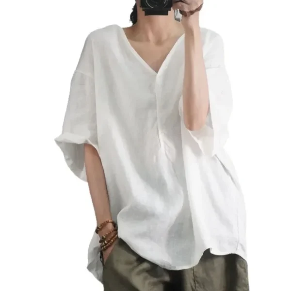 Loose Cotton Linen V-Neck Casual Summer Women's Half Sleeve Shirt - Image 5