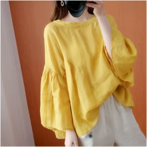 Plus Size Cotton Linen Crew Neck Summer Loose Casual Blouse Top