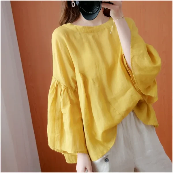 Plus Size Cotton Linen Crew Neck Summer Loose Casual Blouse Top