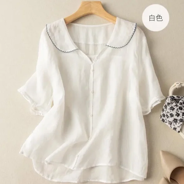 Summer Cotton Linen Lapel Short Sleeve Loose Slim Women’s Shirt - Image 3
