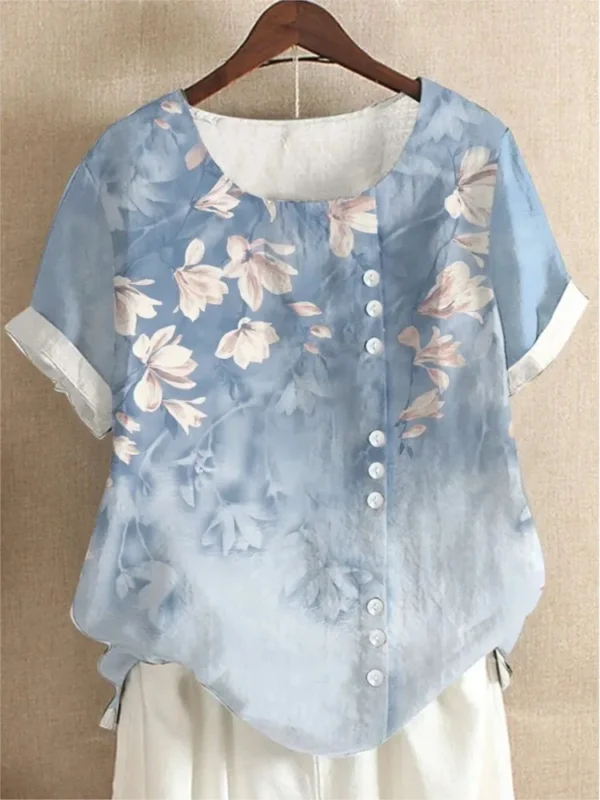 Women’s Floral Print Cotton Linen Blouse Casual Summer Loose Top - Image 2