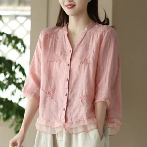Women Cotton Linen Embroidered Blouse Casual Loose Short Sleeve Shirt