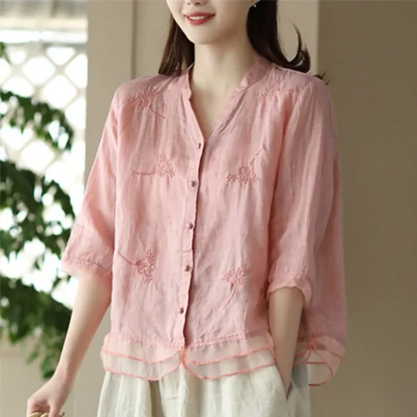 Women Cotton Linen Embroidered Blouse Casual Loose Short Sleeve Shirt