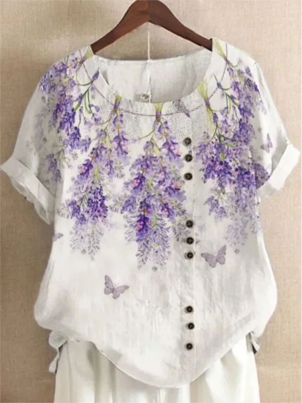 Women’s Floral Print Cotton Linen Blouse Casual Summer Loose Top - Image 6