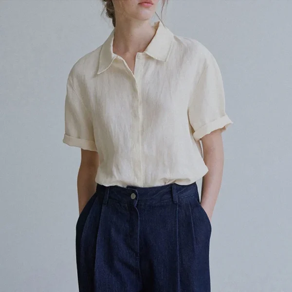 Linen Women’s Summer Casual Loose Short-Sleeved Button Shirt - Image 3