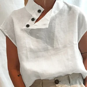 Summer Cotton Linen Turtleneck Oversized Short Sleeve Tunic Blouse