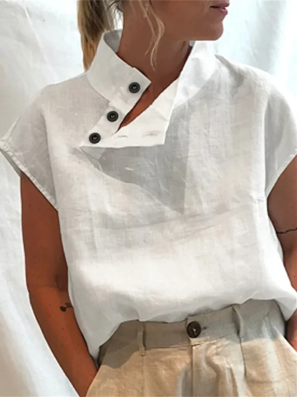 Summer Cotton Linen Turtleneck Oversized Short Sleeve Tunic Blouse