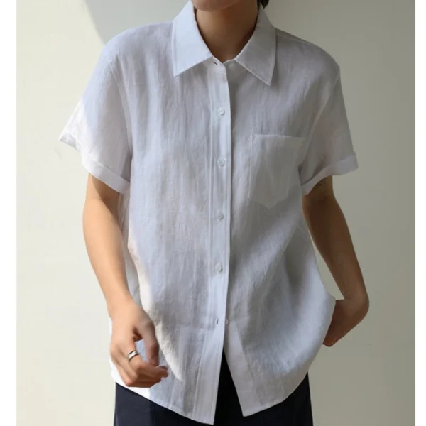 Summer Cotton Linen Blouse Women Casual Loose Short Sleeve Shirt - Image 6