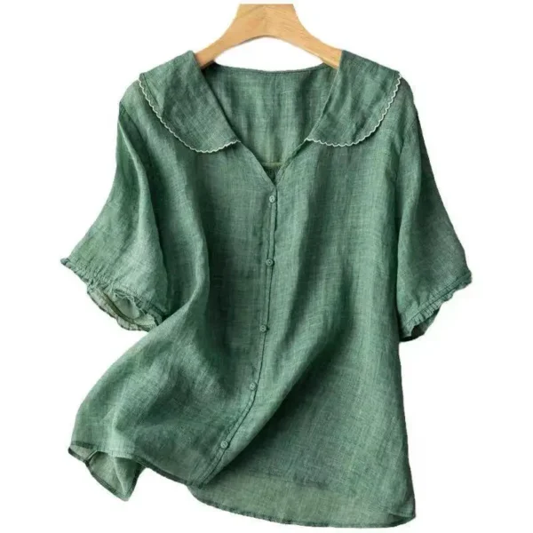 Summer Cotton Linen Lapel Short Sleeve Loose Slim Women’s Shirt - Image 4