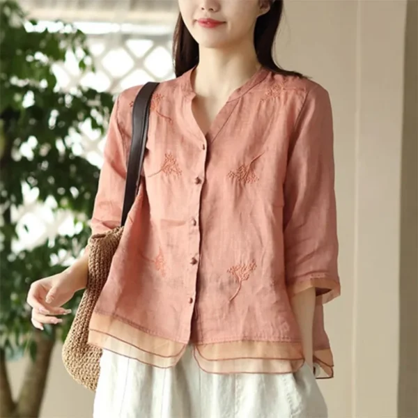 Women Cotton Linen Embroidered Blouse Casual Loose Short Sleeve Shirt - Image 2