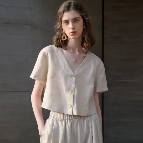 French Linen Women’s Summer V-Neck Vintage Loose Button Shirt