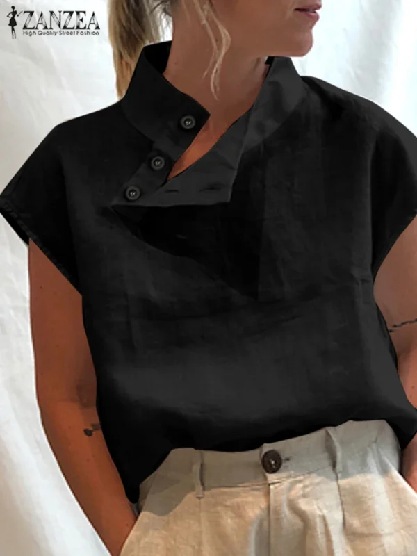 Summer Cotton Linen Turtleneck Oversized Short Sleeve Tunic Blouse - Image 3