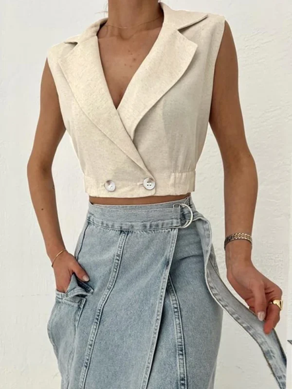 Women Summer Khaki Linen Sleeveless V-Neck Crop Casual Tank Top - Image 3