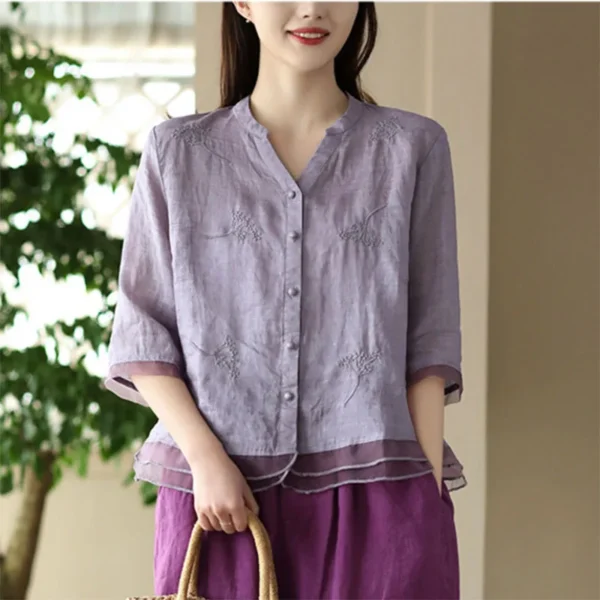 Women Cotton Linen Embroidered Blouse Casual Loose Short Sleeve Shirt - Image 4