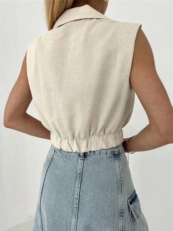 Women Summer Khaki Linen Sleeveless V-Neck Crop Casual Tank Top - Image 4