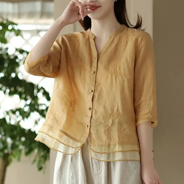 Women Cotton Linen Embroidered Blouse Casual Loose Short Sleeve Shirt - Image 3