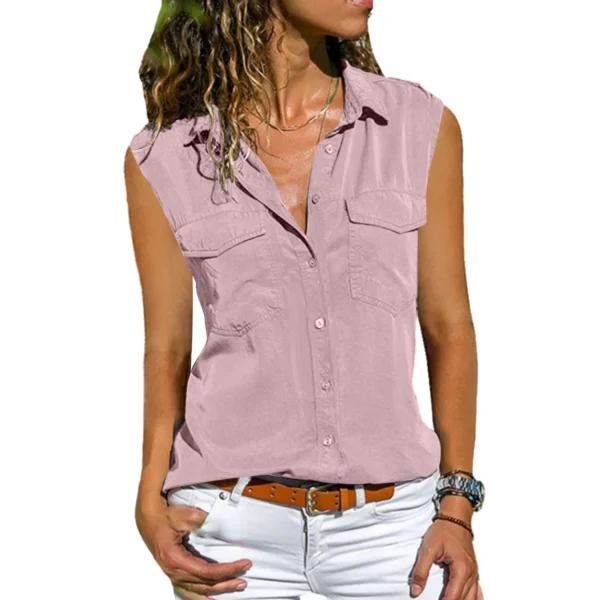 Women Sleeveless Solid Blouse With Pockets Buttons Lapel Summer Top