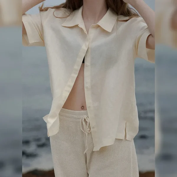 Linen Women’s Summer Casual Loose Short-Sleeved Button Shirt - Image 2