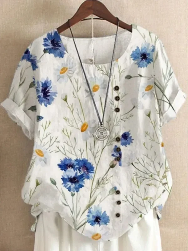 Women’s Floral Print Cotton Linen Blouse Casual Summer Loose Top - Image 4