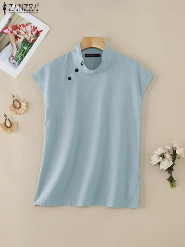 Summer Cotton Linen Turtleneck Oversized Short Sleeve Tunic Blouse - Image 5