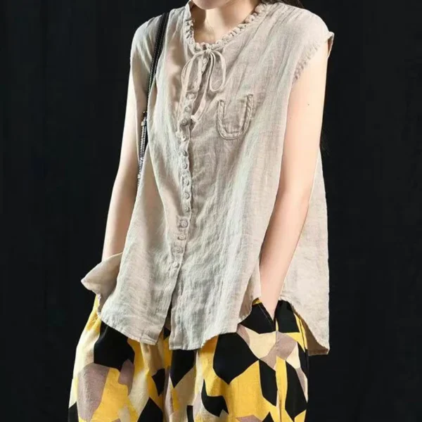 Women's Retro Cotton Linen Vest Shirt Sleeveless Lace-Up Summer Top - Image 5