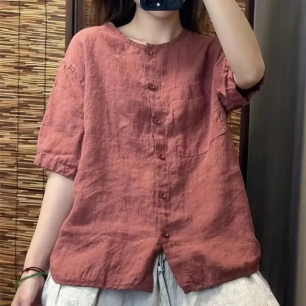 Summer Women's Cotton Linen Shirt Retro Loose Short Sleeve Cardigan Top - Image 2