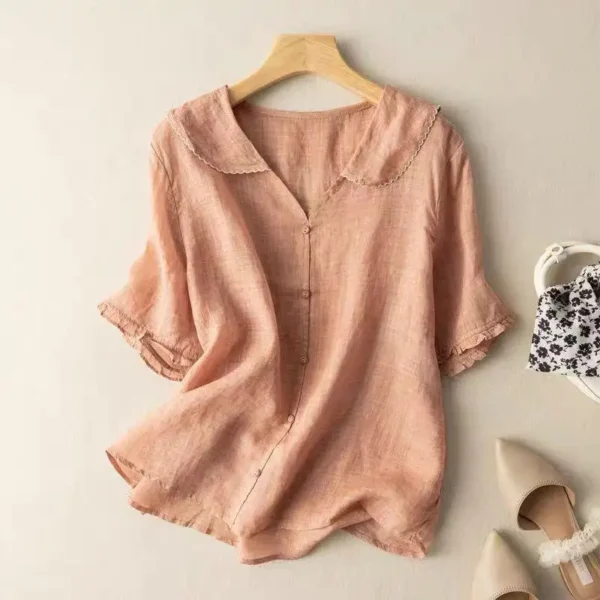 Summer Cotton Linen Lapel Short Sleeve Loose Slim Women’s Shirt