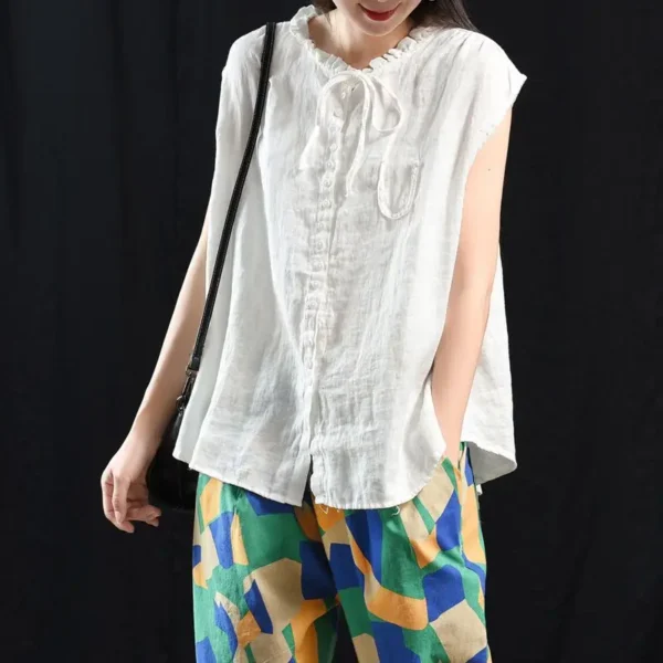 Women's Retro Cotton Linen Vest Shirt Sleeveless Lace-Up Summer Top - Image 3