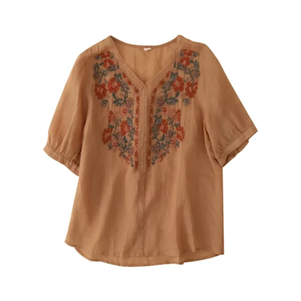Ethnic Floral Embroidered Cotton Linen V Neck Loose Casual Blouse - Image 2