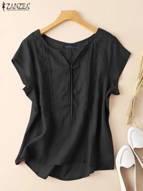 Lace Stitching Blouse Women Loose Vintage Summer Holiday Shirt - Image 4