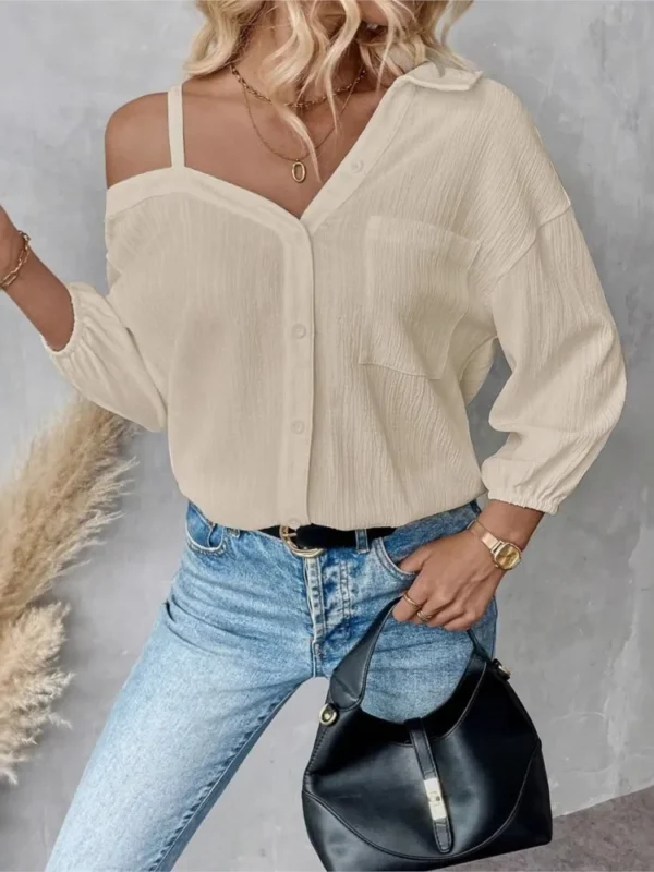Women’s Off Shoulder V-Neck Button Shirt With Pockets - Image 2