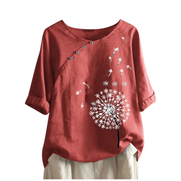 Plus Size Dandelion Print Cotton Linen Summer Casual Retro Blouse - Image 5
