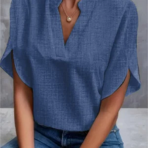 Ladies Summer Off Shoulder V-Neck Loose Linen Pullover Casual Shirt